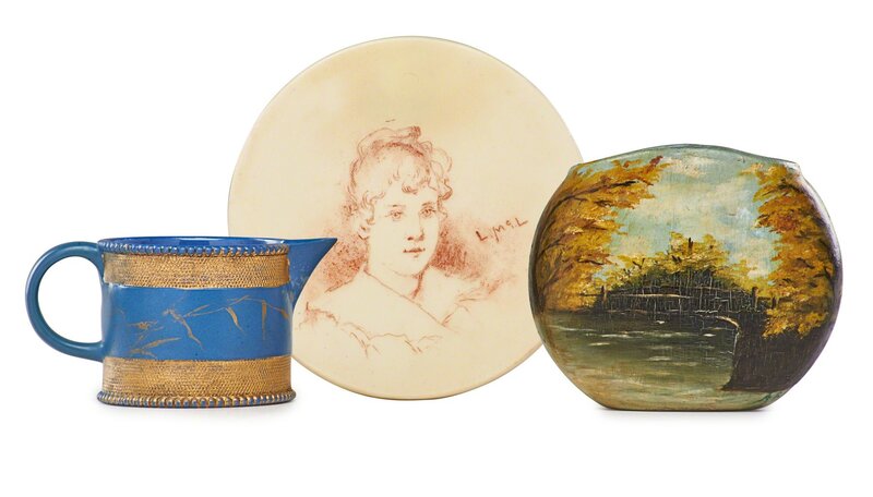 Mary Louise McLaughlin, ‘Small self-portrait plaque and pitcher by McLaughlin, small painted pillow vase by unidentified artist’, Design/Decorative Art, Rago/Wright/LAMA/Toomey & Co.