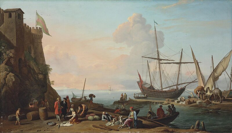 Adrien Manglard, ‘A Mediterranean harbor with stevedores unloading their ships, figures selling fish in the foreground by a fortress’, Painting, Oil on canvas, Christie's Old Masters 