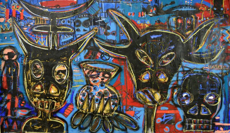 Aboudia, ‘Sorcellerie et taureau’, 2018, Painting, Acrylic paint and oil pastels, Ethan Cohen Gallery