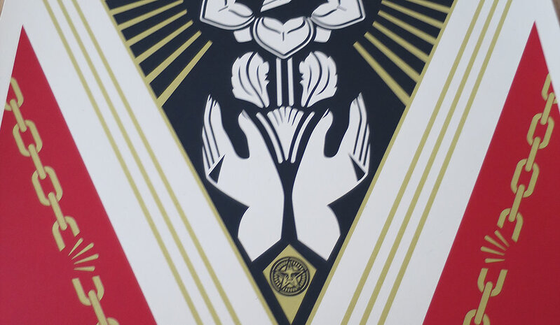Shepard Fairey, ‘Peace Justice’, 2018, Print, Screen print with Golden ink and Cream speckle tone paper, AYNAC Gallery