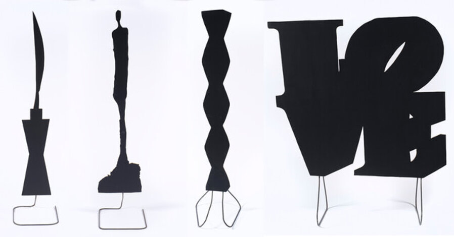 Four sculptures from 'Around, About Expanded Field (Sculpture Silhouette Props)' (C. Brancusi 'Birds in Space' 1928; A. Giacometti 'Diego' 1960; C. Brancusi 'Endless Column' 1935-38; R.Indiana 'Love' 1966')