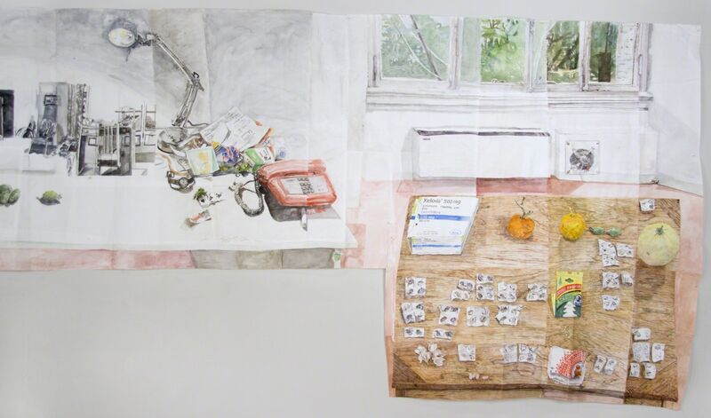 Dawn Clements, ‘Three Tables in Rome’, 2017, Drawing, Collage or other Work on Paper, Watercolor on paper, Pierogi