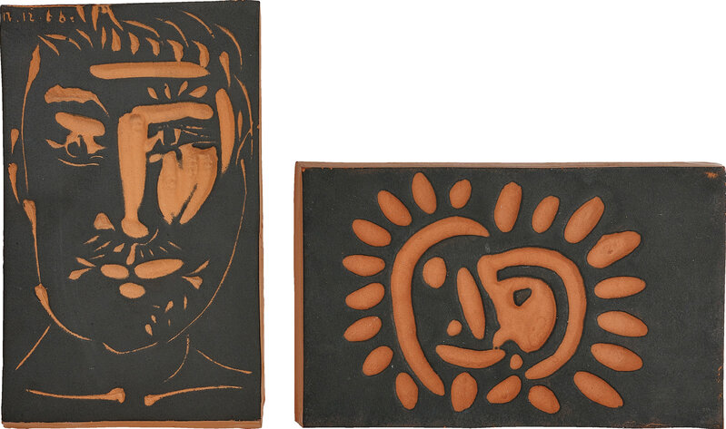 Pablo Picasso, ‘Visage d’homme (Man's Face); and Petite soleil (Little Sun)’, 1966; and 1968-69, Design/Decorative Art, Two red earthenware plaques, with painting in black., Phillips