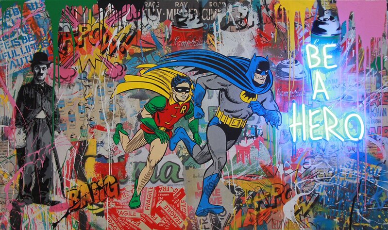 Mr. Brainwash, ‘Batman & Robin (C100533)’, 2018, Print, Huile, ampoule néon et technique mixte sur toile / Oil, Neon Lightbulb and Mixed Media on Canvas, Galerie de Bellefeuille