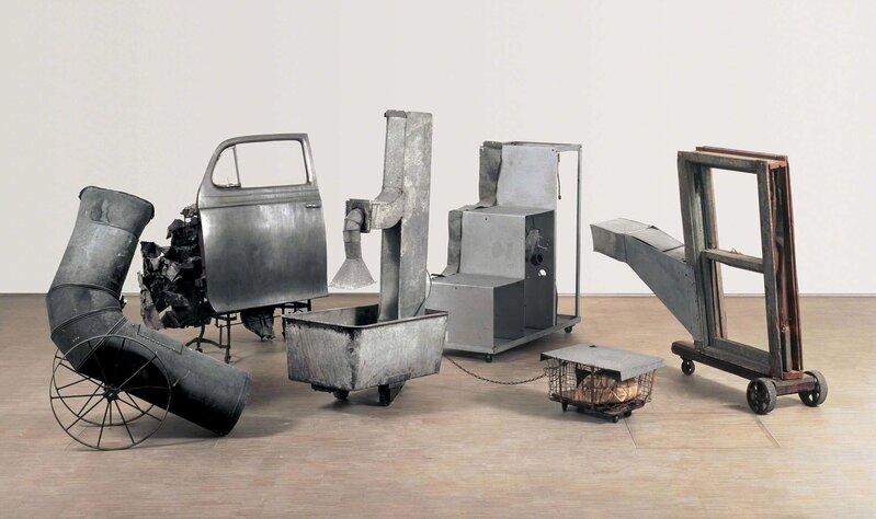 Robert Rauschenberg, ‘Oracle’, 1962-1965, Five-part found-metal assemblage with five concealed radios: ventilation duct; automobile door on typewriter table, with crushed metal; ventilation duct in washtub and water, with wire basket; constructed staircase control unit housing batteries and electronic components; and wooden window frame with ventilation duct, Robert Rauschenberg Foundation