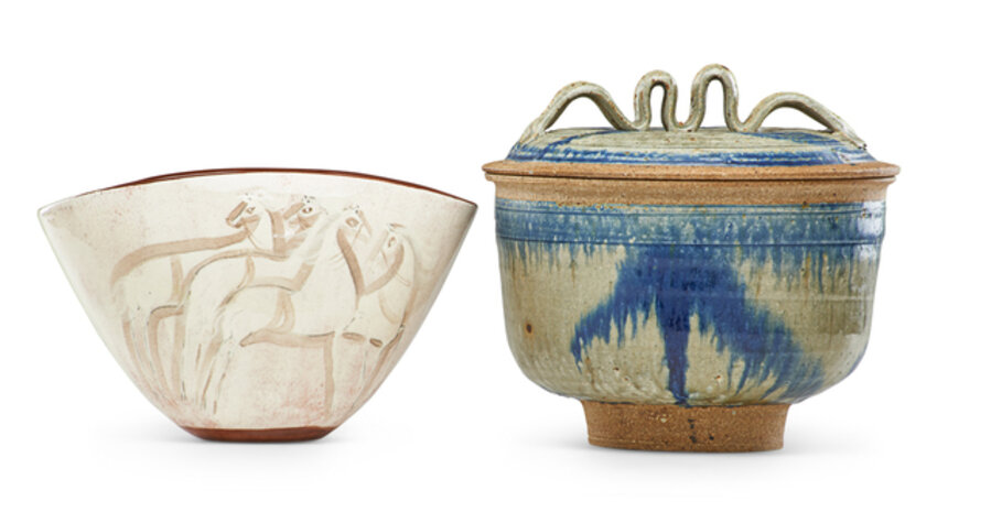 Lidded vessel by Woodman and folded bowl with horses by Pillin