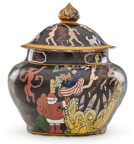 Michael Frimkess, ‘Covered jar with football players, Uncle Sam, and Santa Claus, USA’, 1982