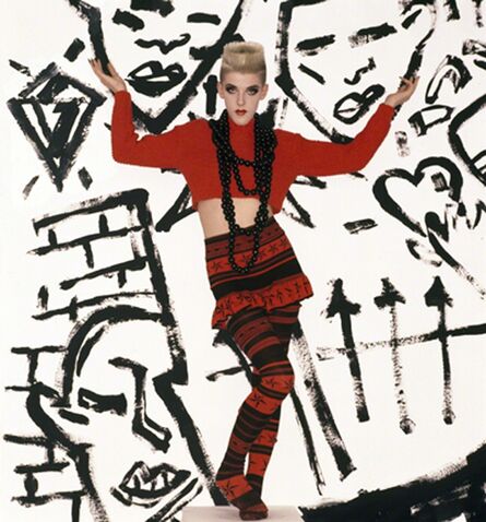 ‘Bodymap, A/W 1984, Cat in the hat takes a rumble with a techno fish. Model: Scarlett Cannon’, 1985