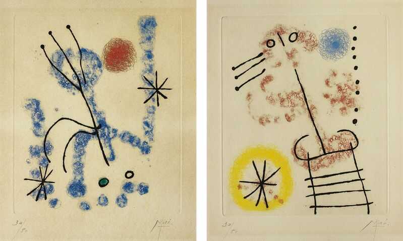 Joan Miró, ‘Feuilles éparses (Scattered Leaves): two plates’, 1957, Print, Two etching and aquatints in colours, on BFK Rives paper, with full margins., Phillips