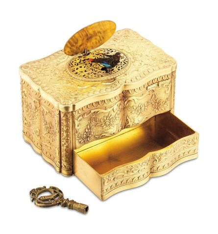 Breguet, ‘A very rare and highly attractive gilt metal singing bird box with automated drawer and winding key’, 1936