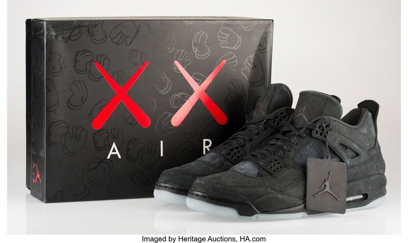 KAWS, ‘Air Jordan 4’, 2017, Other, Black sneakers with glow in the dark soles, size 11, Heritage Auctions