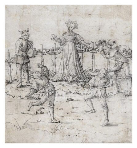 Erhard Schön, ‘Jesters performing around a woman’, 1542