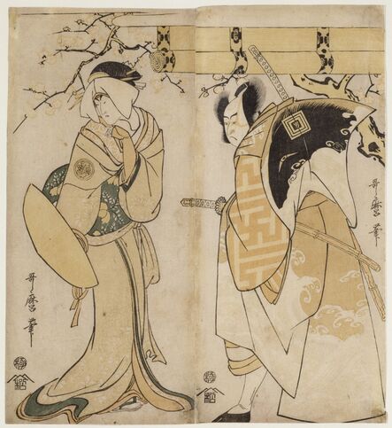 Kitagawa Utamaro, ‘The actors Ichikawa Omezo I in the role of and Adachi Tokuro and Nakayama Tomisaburo I in the role of Matsumura Tatsue-mon’, 1795-1796