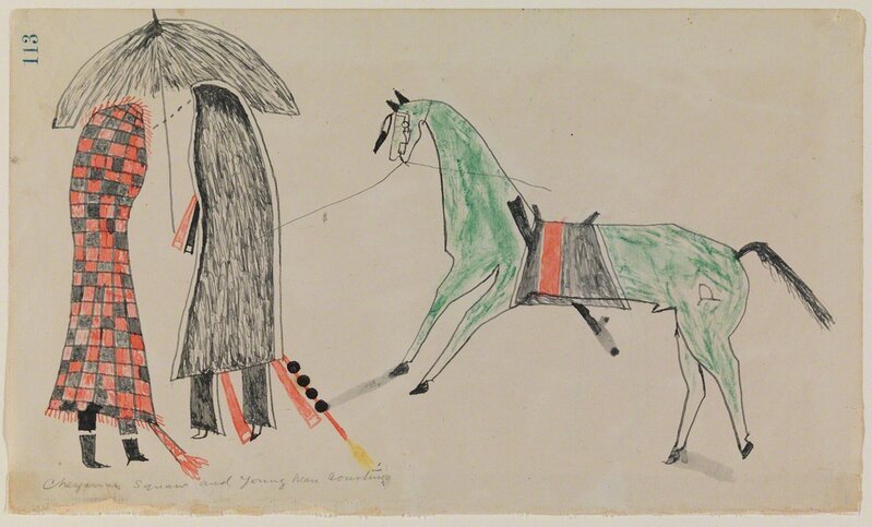 Unknown Cheyenne Artist, ‘Ledger Drawing, Courting Scene’, ca. 1865, Drawing, Collage or other Work on Paper, Donald Ellis Gallery