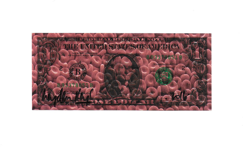 Hayden Kays, ‘Blood Money’, 2016, Print, Propelled inkjet droplets on genuine uncirculated $1 note, Kalkman Gallery