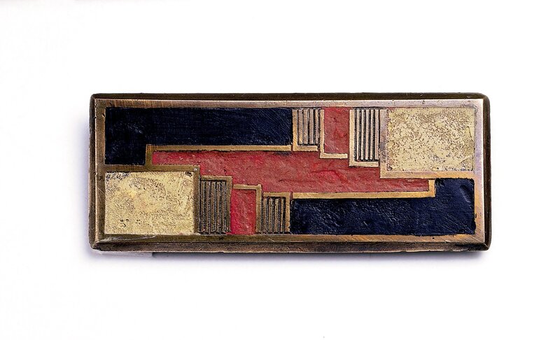 ‘Brooch’, ca. 1925, Design/Decorative Art, Rectangular brass frame with red, black, putty-color enamel. Clasp on back side, Cooper Hewitt, Smithsonian Design Museum 