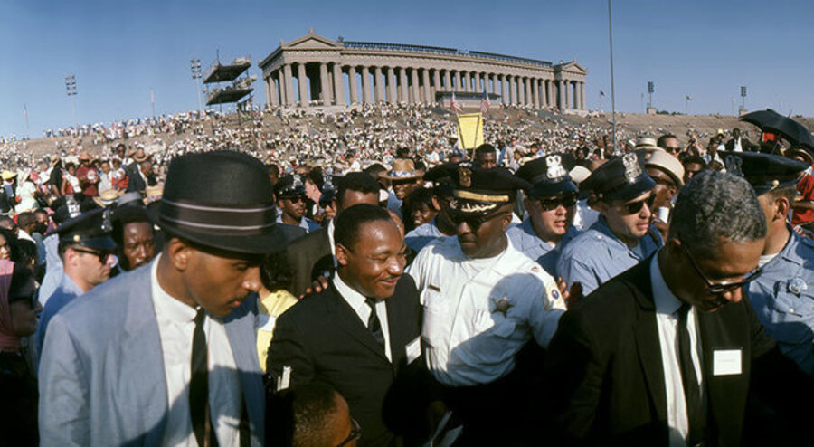 Martin Luther King Jr. leaving Soldier Field headed to put his Thesis up on City Hall, Freedom March and Rally