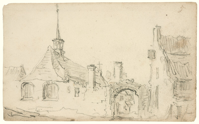 Jan van Goyen, ‘Village church with turret, arched gateway and a house’, 1650, Drawing, Collage or other Work on Paper, Black chalk, with brush and gray wash on ivory laid paper, Mireille Mosler Ltd.