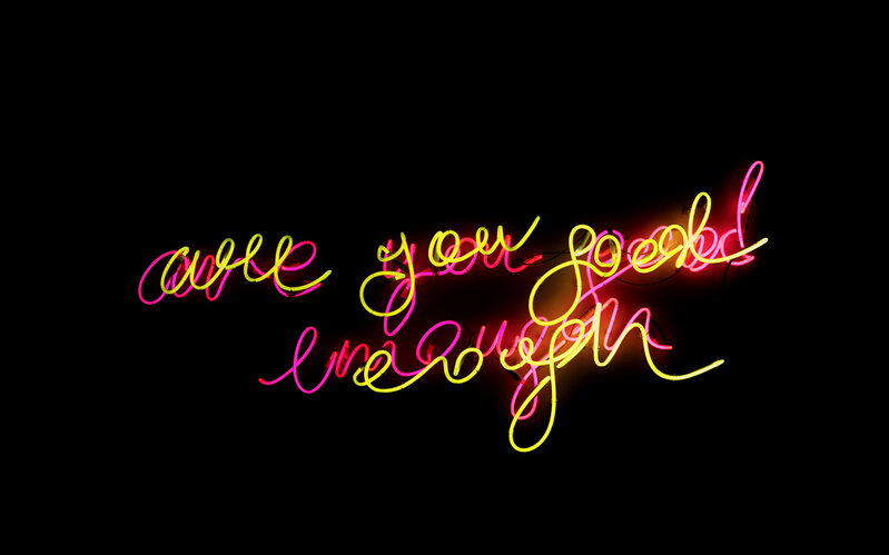 :mentalKLINIK, ‘Are you good enough’, 2019, Mixed Media, 2 layers of hand-written neon works, (pink and yellow), AF Projects/Louise Alexander Gallery
