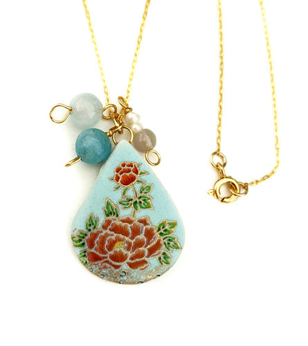 Melanie Sherman, ‘Charm Pendant Necklace | Vintage Japanese Gold Flowers on Baby Blue Porcelain | Pearls, Glass Beads, 18 inch Gold Chain’, 2020