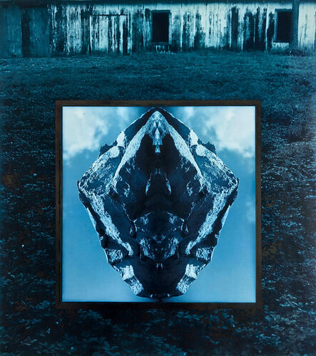 Jerry Uelsmann, ‘Untitled, 1968 (Symmetrical Rock and Barn Blue Tone)’, 1968