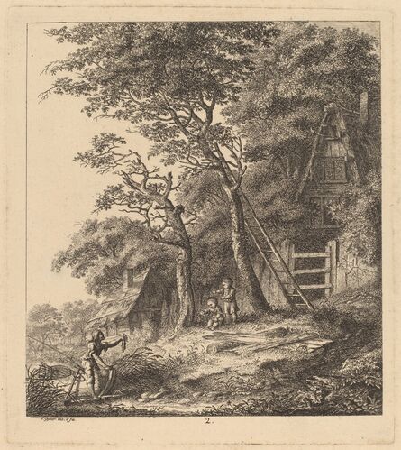 Salomon Gessner, ‘A Fisherman and Two Children in a Landscape with Thatched Cottages’, 1764