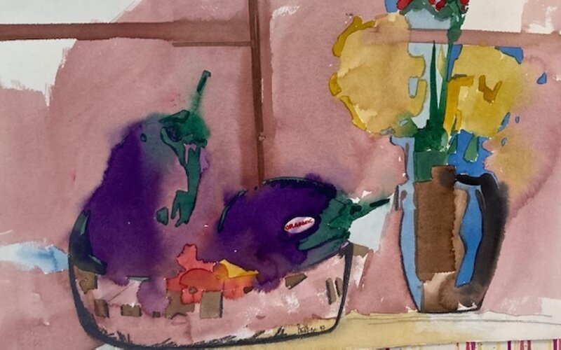 Edward Berkise, ‘Eggplant with Vase’, 2021, Drawing, Collage or other Work on Paper, Watercolor on paper, Emerge Gallery NY