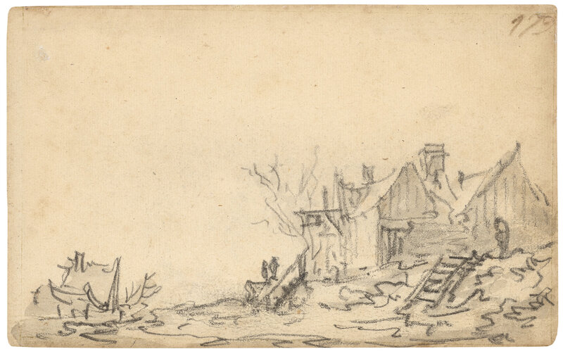 Jan van Goyen, ‘Houtewael: buildings with an Inn, two ladders against the dike’, 1651, Drawing, Collage or other Work on Paper, Black chalk, with brush and gray wash on ivory laid paper, Mireille Mosler Ltd.
