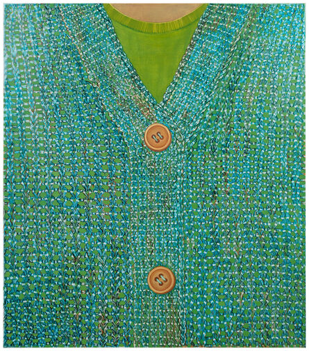 Leena Nio, ‘Composition with a turquoise cardigan and orange buttons’, 2022