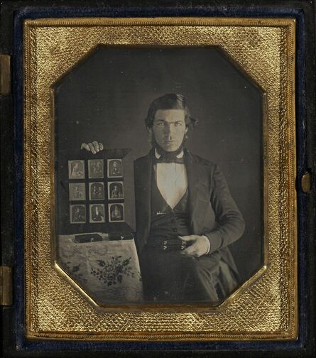 Unknown Artist, ‘Portrait of an Unidentified Daguerreotypist Displaying a Selection of Daguerreotypes’, 1845