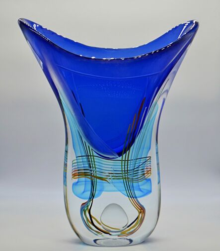 Massimiliano Schiavon, ‘Glass Vase - V Shape, Blue with multicolor design ’, ca. 2017