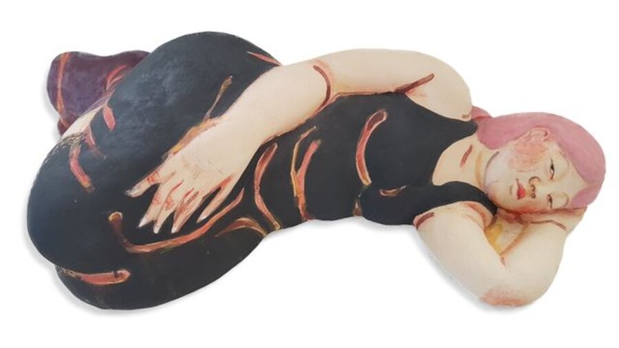 Sleeping Woman in Black Dress with Red Hair