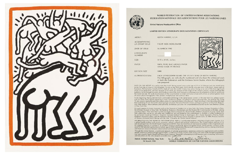 Keith Haring, ‘"Untitled", 1990, Lithograph, Edition of 1000, World Federation of the United Nations, Postmarked.’, 1990, Print, Lithograph on Rag Paper., VINCE fine arts/ephemera