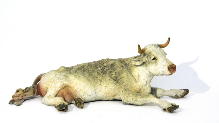Teevo's Mom (Birthing II) - detailed, cow, calf, animal, bronze, sculpture