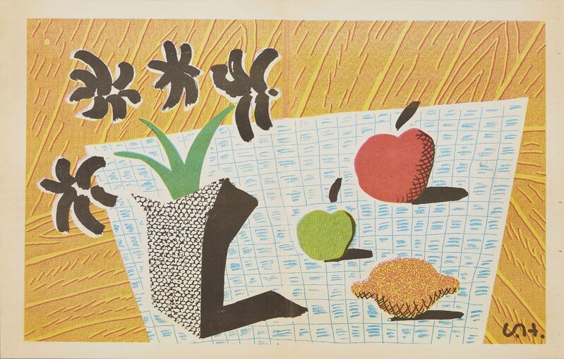 David Hockney, ‘Two Apples, One Lemon and Four Flowers’, 1997, Photography, Photolithograph in colours on newspaper, Roseberys