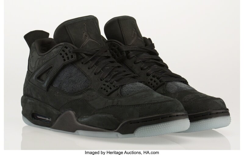 KAWS, ‘Air Jordan 4’, 2017, Other, Black sneakers with glow in the dark soles, size 11, Heritage Auctions