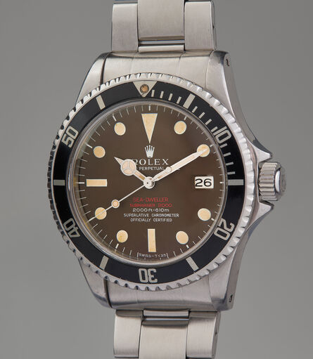 Rolex, ‘A rare and attractive stainless steel wristwatch with date, “tropical” dial, helium escape valve, bracelet, chronometer certificate, punched guarantee card, and inner and outer presentation boxes’, 1968
