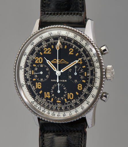 Breitling, ‘A very rare, extremely well-preserved, and historically important stainless steel chronograph wristwatch with slide rule bezel and 24-hour black gilt dial’, 1962