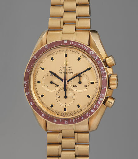 OMEGA, ‘A rare and highly attractive limited edition yellow gold chronograph wristwatch with burgundy bezel and bracelet, made to commemorate the Apollo XI moon landing, limited edition number 120’, 1969