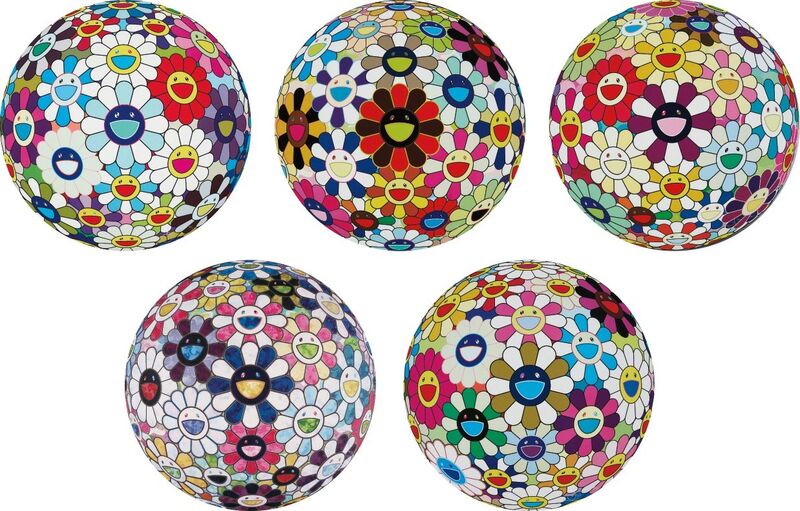 Takashi Murakami, ‘Flower Ball (3-D) Sequoia sempervirens; Flower Ball (Lots of Colors); Flowerball sexual Violet No. 1 (3D); Right There, The Breadth of the Human Heart; and Autumn 2004’, 2013, Print, Five offset lithographs in colours, on smooth wove paper, the full sheets., Phillips