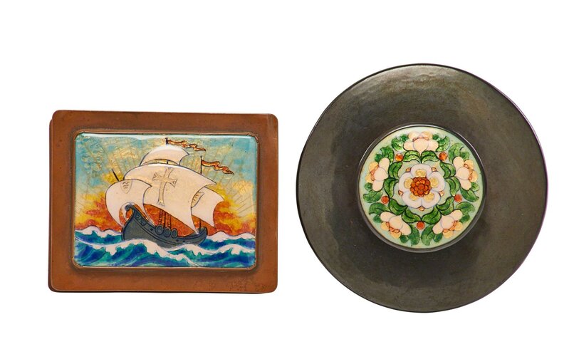 Boston School, ‘Cigarette box with ship by unidentified artist and lidded vessel with flowers by Gertrude Twitchell’, Design/Decorative Art, Enameled and patinated copper, cedar, Rago/Wright/LAMA/Toomey & Co.