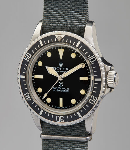 Rolex, ‘An extremely rare and well-preserved stainless steel military wristwatch with revolving bezel, fixed bar lugs and military engravings made for the British Royal Navy, accompanied with original owners Royal Navy Divers log and knife’, 1972