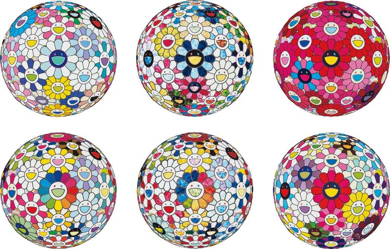 Takashi Murakami, ‘Cosmic Power; The Flowerball’s Painterly Challenge; Thoughts on Picasso; Flowerball: Want to Hold You; Scenery with a Rainbow in the Midst; and Flowerball: Open Your Hands Wide’, 2014-2016, Print, Six offset lithographs in colours, on smooth wove paper, the full sheets., Phillips