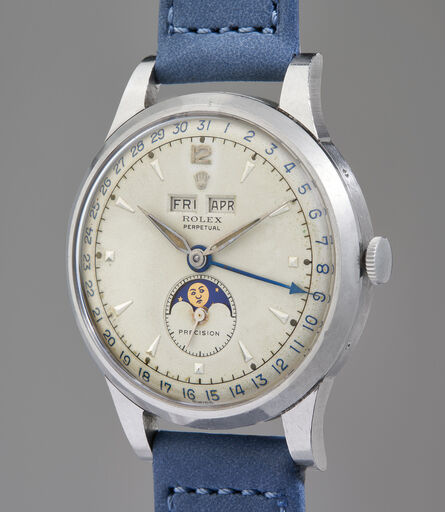 Rolex, ‘An extremely rare, highly attractive, and well-preserved triple calendar wristwatch with grené dial featuring luminous hour markers and hands, from family of original owner’, Circa 1953