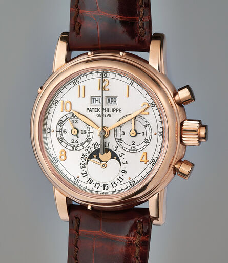 Patek Philippe, ‘A very fine and rare pink gold perpetual calendar split-seconds chronograph wristwatch with moonphase, Certificate of Origin, additional caseback, and presentation box’, 2005