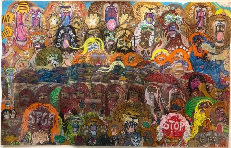 Alex O'Neal, ‘The Mean Hippies (Drawing with Rattlesnake Warrior and Red Rebels) Outsider Art’, 21st Century, Drawing, Collage or other Work on Paper, Oil Pastel, Archival Paper, Lions Gallery