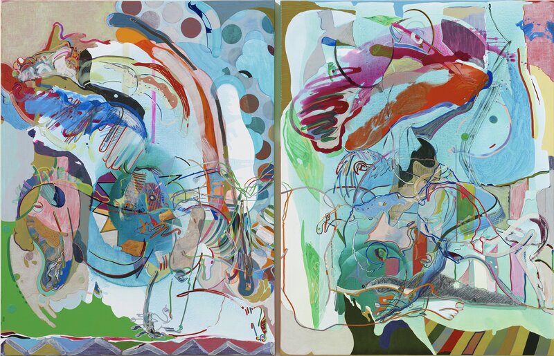 Young Do Jeong, ‘AGAIN-N-AGAIN’, 2015-2016, Painting, Acrylic, spray paint, charcoal, color pencil, marker, graphite, and conte on two canvases, PKM Gallery