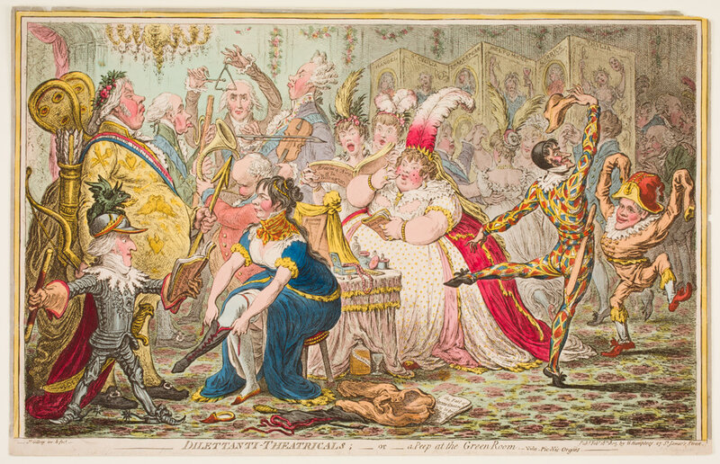 James Gillray, ‘Dilettanti Theatricals’, 1803, Print, Etching with hand coloring, Davis Museum