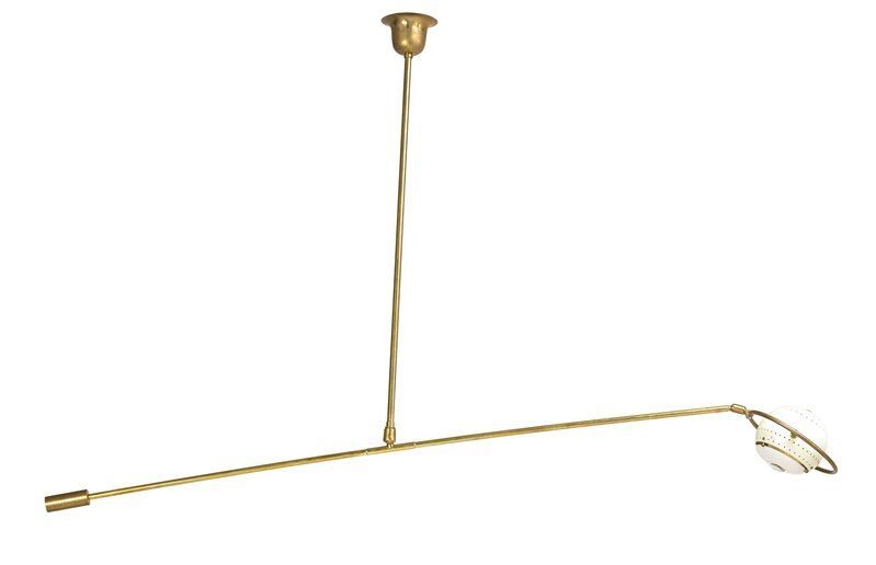 Attributed to Angelo Lelii, ‘Rare adjustable counterbalance ceiling lamp, Italy’, 1950s, Design/Decorative Art, Brass, enameled metal, acrylic, single socket, Rago/Wright/LAMA/Toomey & Co.