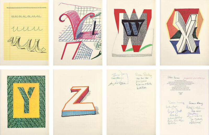 David Hockney, ‘Hockney's Alphabet’, 1991, Books and Portfolios, The complete book including 26 lithographs in colors, on Exhibition Fine Art Cartridge paper, with full margins, with full text and title page, the sheets bound (as issued) in quarter vellum with handmade Fabriano Roma paper boards, housed in the original grey slip case., Phillips